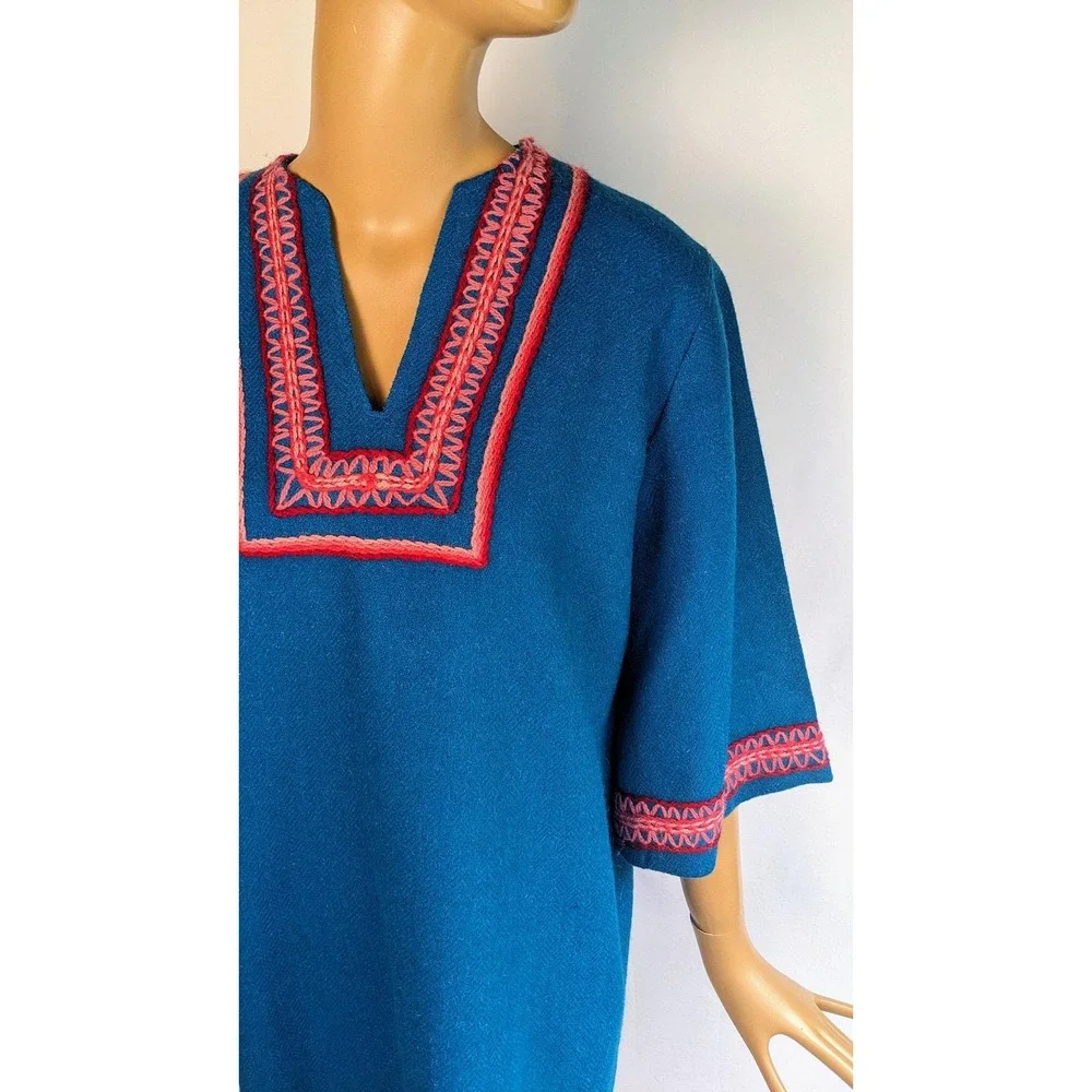 1960s colorful tunic, vintage wool mini‎ dress vibrant turquoise wool embroidery - Picture 3 of 10